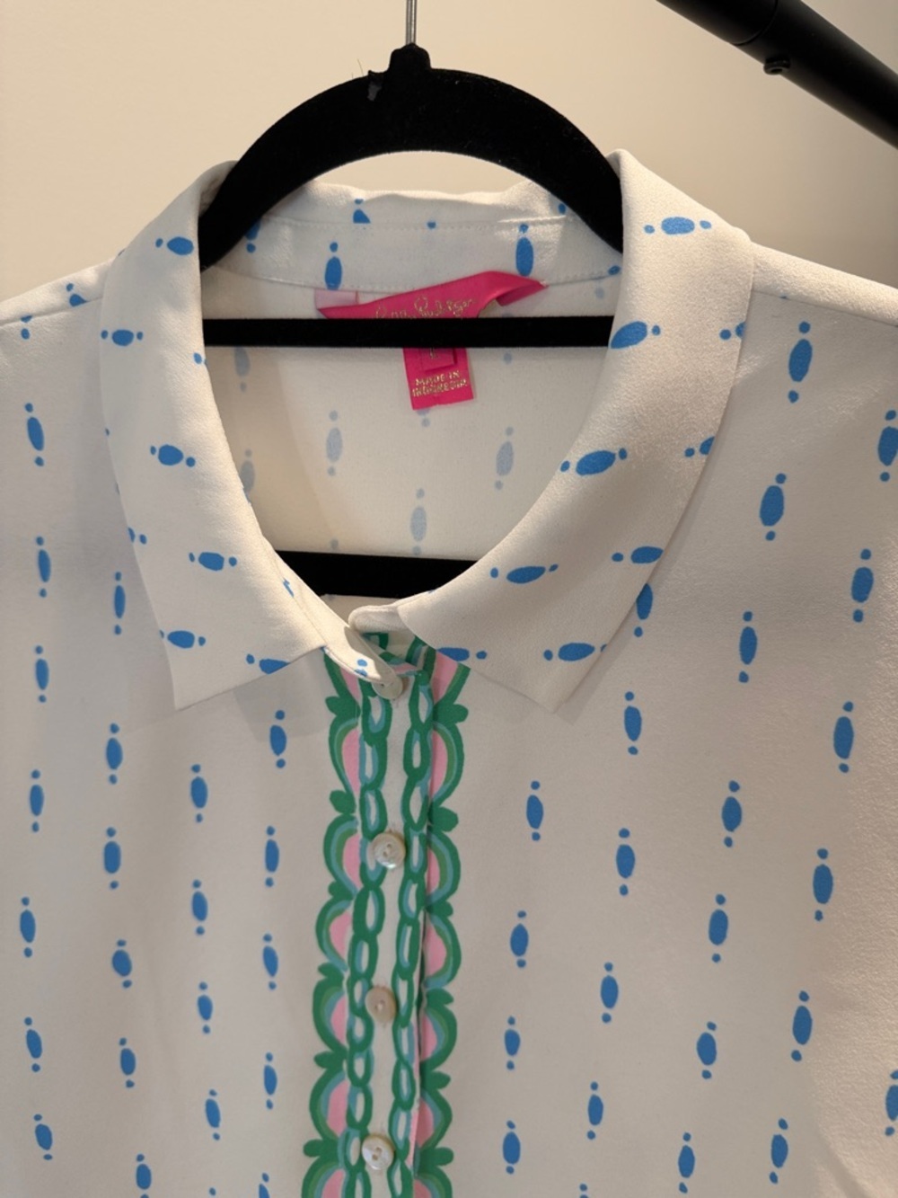 Lilly Pulitzer White Blouse with Green & Pink Botanical Border - Picture 4 of 13